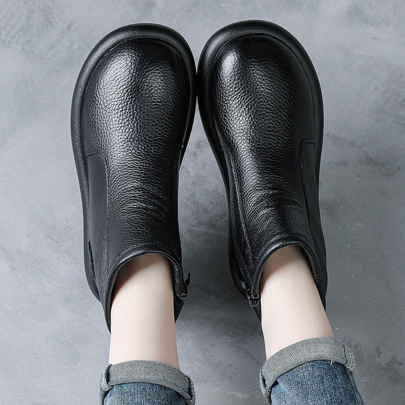 Women’s Leather Round Toe Ankle Boots – Comfortable Low Heel Design