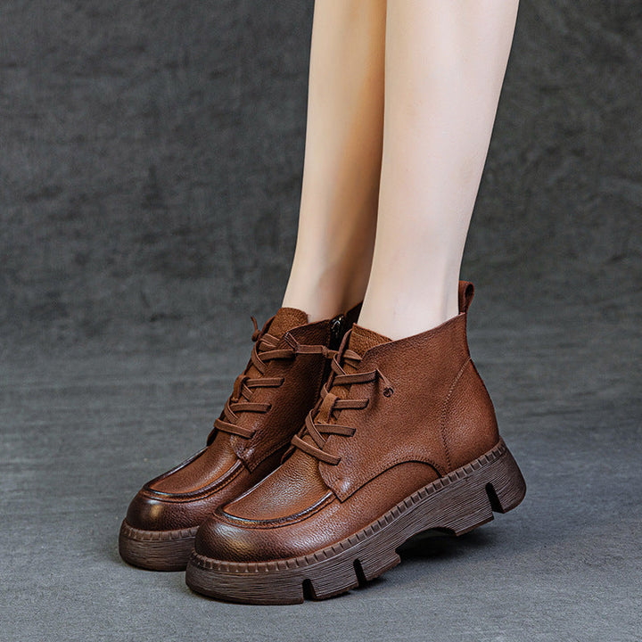 Women's Vintage Leather Platform Ankle Boots – Lace-Up Zipper Non-Slip Style