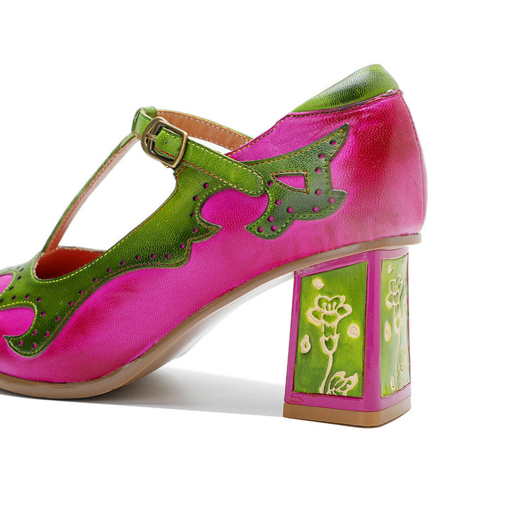 Vibrant Mary Janes for Women - Leather T-Strap Sandals with Floral Artistic Block Heel