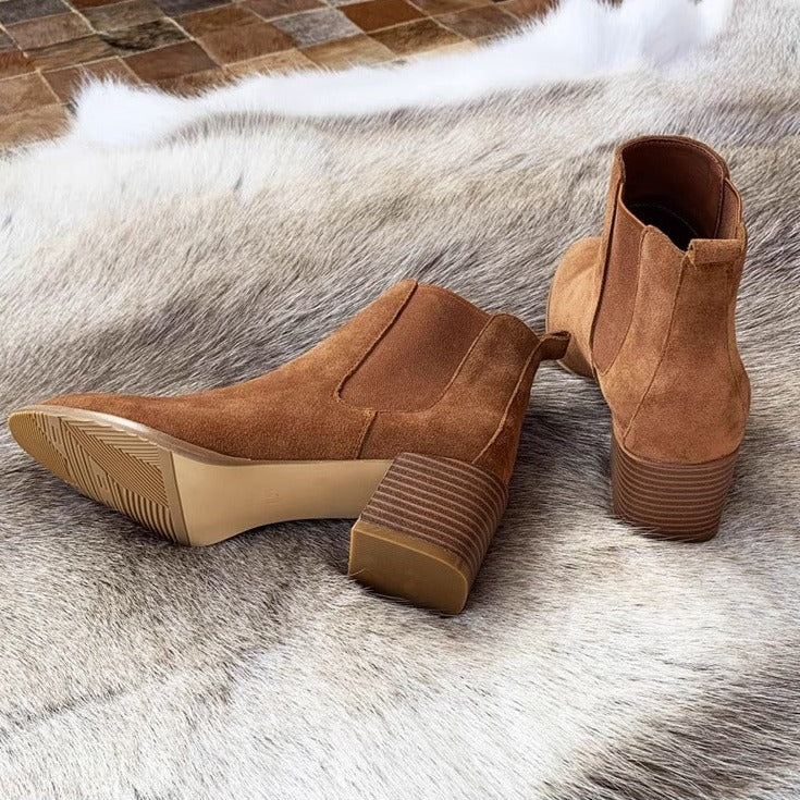 Women's Chelsea Block Heels Suede Leather Ankle Boots