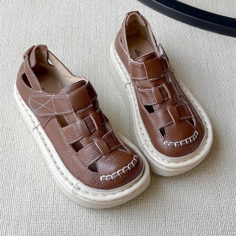 Women's Soft Leather Velcro Closed-Toe Chunky Platform Sandals – Ugly-Cute Style