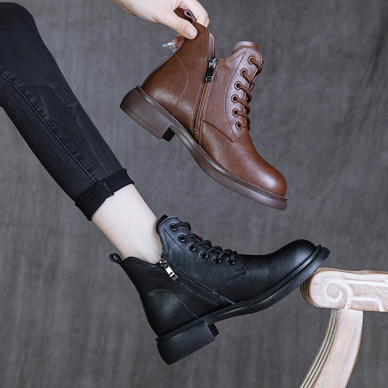 Women's Leather Ankle Boots - Vintage V-Cut Collar Lace-Up Side Zipper Booties Chunky Heel Comfort Shoes