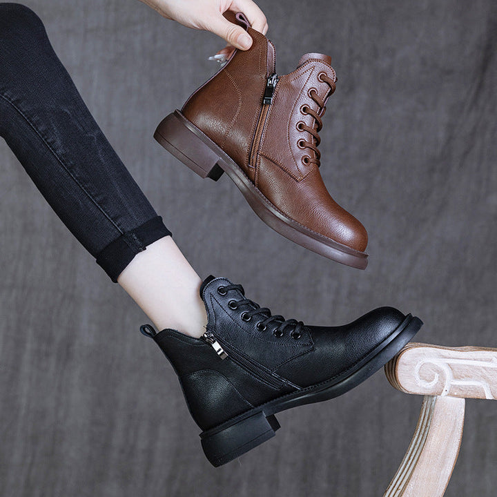 Women's Leather Ankle Boots - Vintage V-Cut Collar Lace-Up Side Zipper Booties Chunky Heel Comfort Shoes