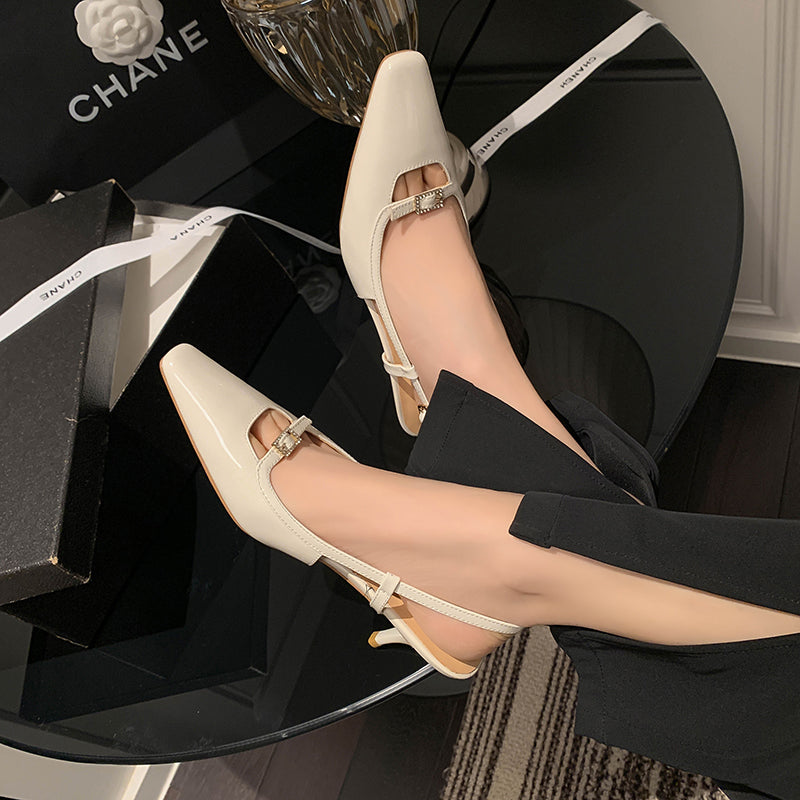 Pointed Toe Kitten Heels Slingback Pumps with Buckled Straps