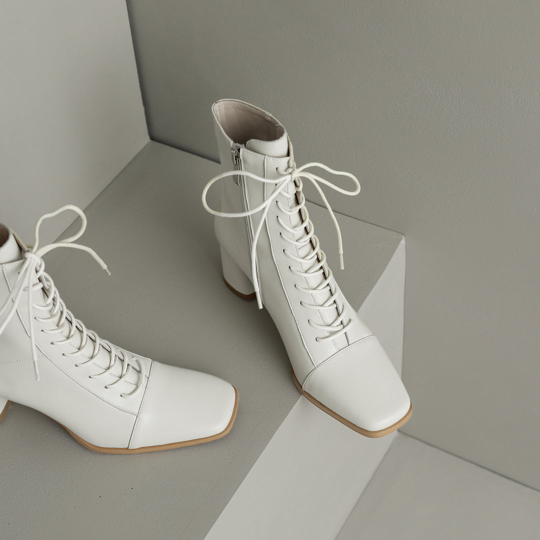 Womens Lace-up Zipper Square Toe Block Heels Leather Ankle Boots