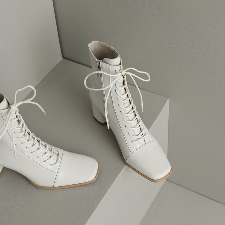 Womens Lace-up Zipper Square Toe Block Heels Leather Ankle Boots