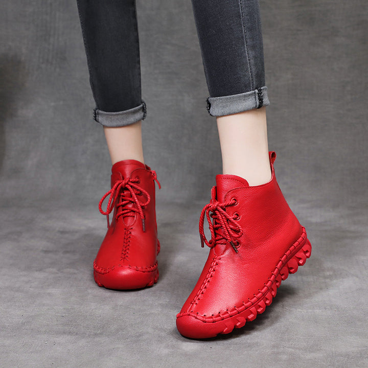 Womens Soft Leather Casual Lace-up Shoes Ankle Boots