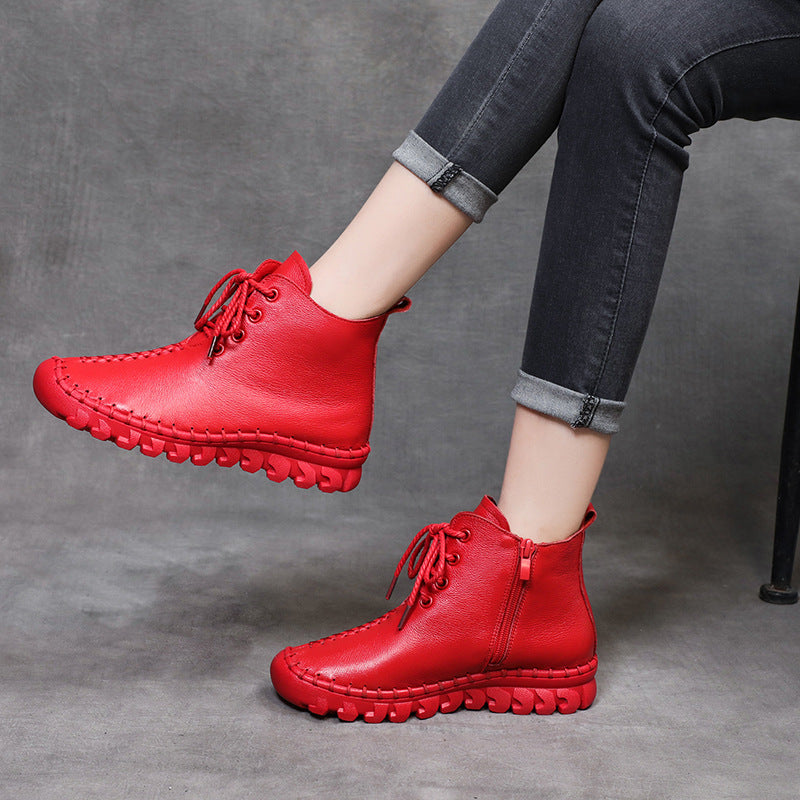 Womens Soft Leather Casual Lace-up Shoes Ankle Boots