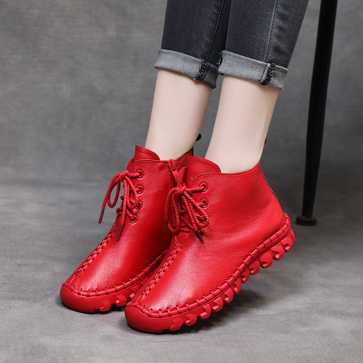 Womens Soft Leather Casual Lace-up Shoes Ankle Boots