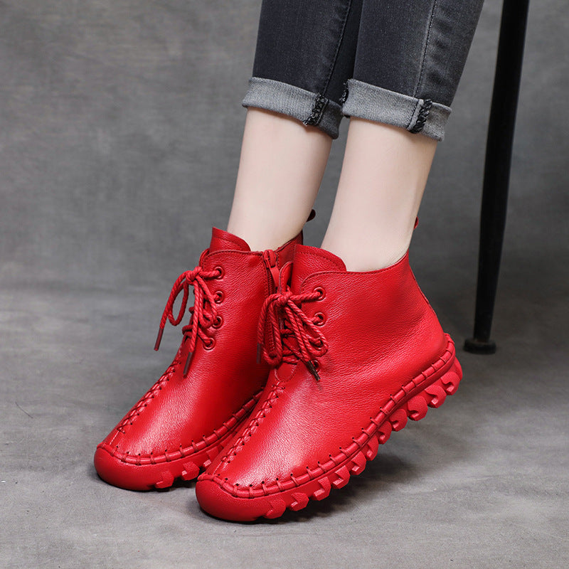 Womens Soft Leather Casual Lace-up Shoes Ankle Boots