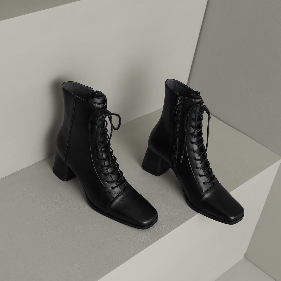 Womens Lace-up Zipper Square Toe Block Heels Leather Ankle Boots