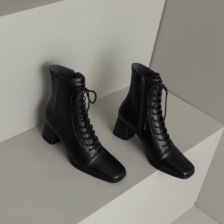 Womens Lace-up Zipper Square Toe Block Heels Leather Ankle Boots