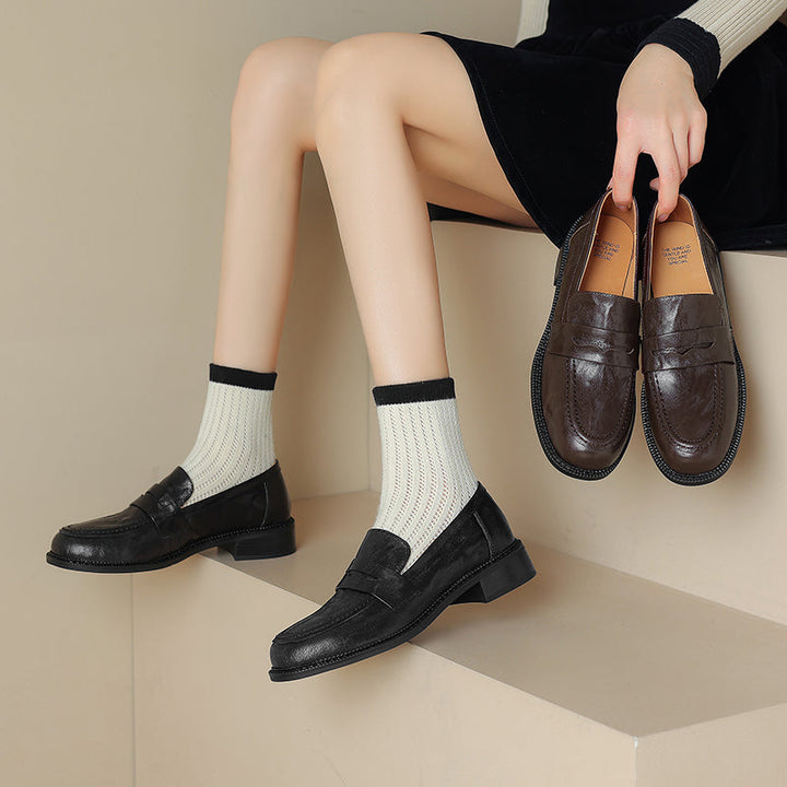 Women's Leather Round Toe Preppy Style Classic Low Heeled Loafers