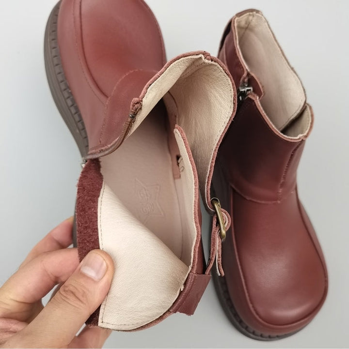 Women's Vintage Wide Toe Derby Boots – Handmade Leather Zipper Short Boots