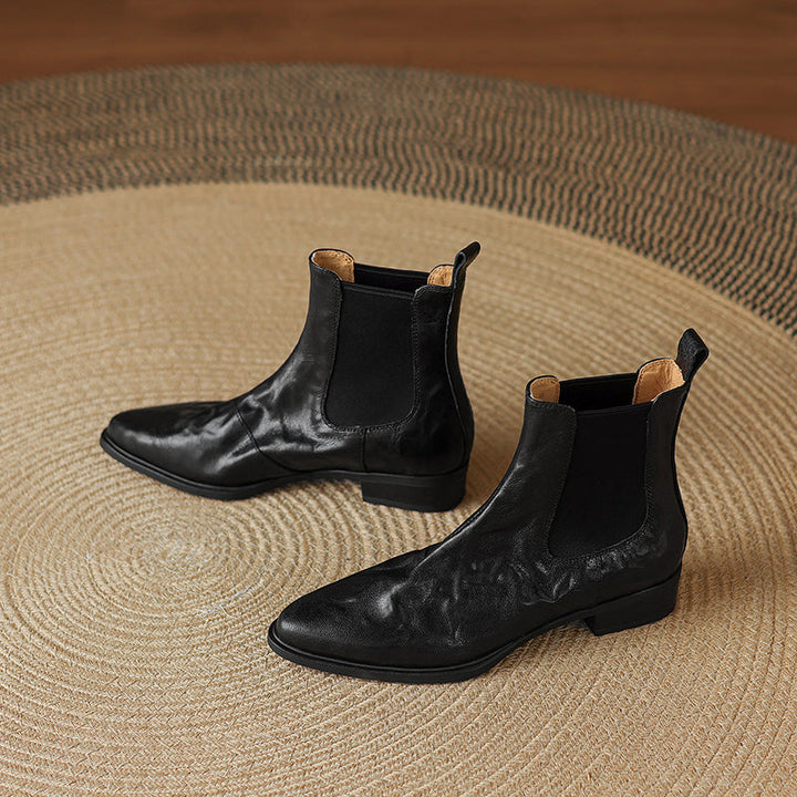 Women's Wrinkled Leather Chelsea Boots Pointed Toe Soft Sheepskin Elastic Slip-on Ankle Booties