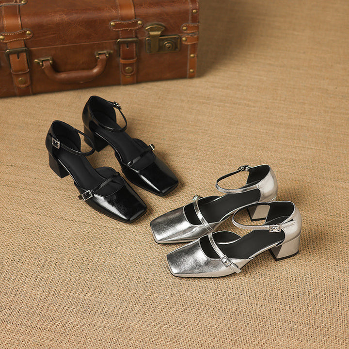 Women’s Sheepskin Square Toe Ankle Strap Block Heel Sandals – Mid Heel Shoes