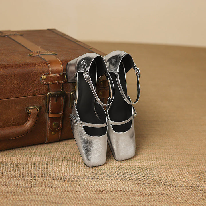 Women’s Sheepskin Square Toe Ankle Strap Block Heel Sandals – Mid Heel Shoes