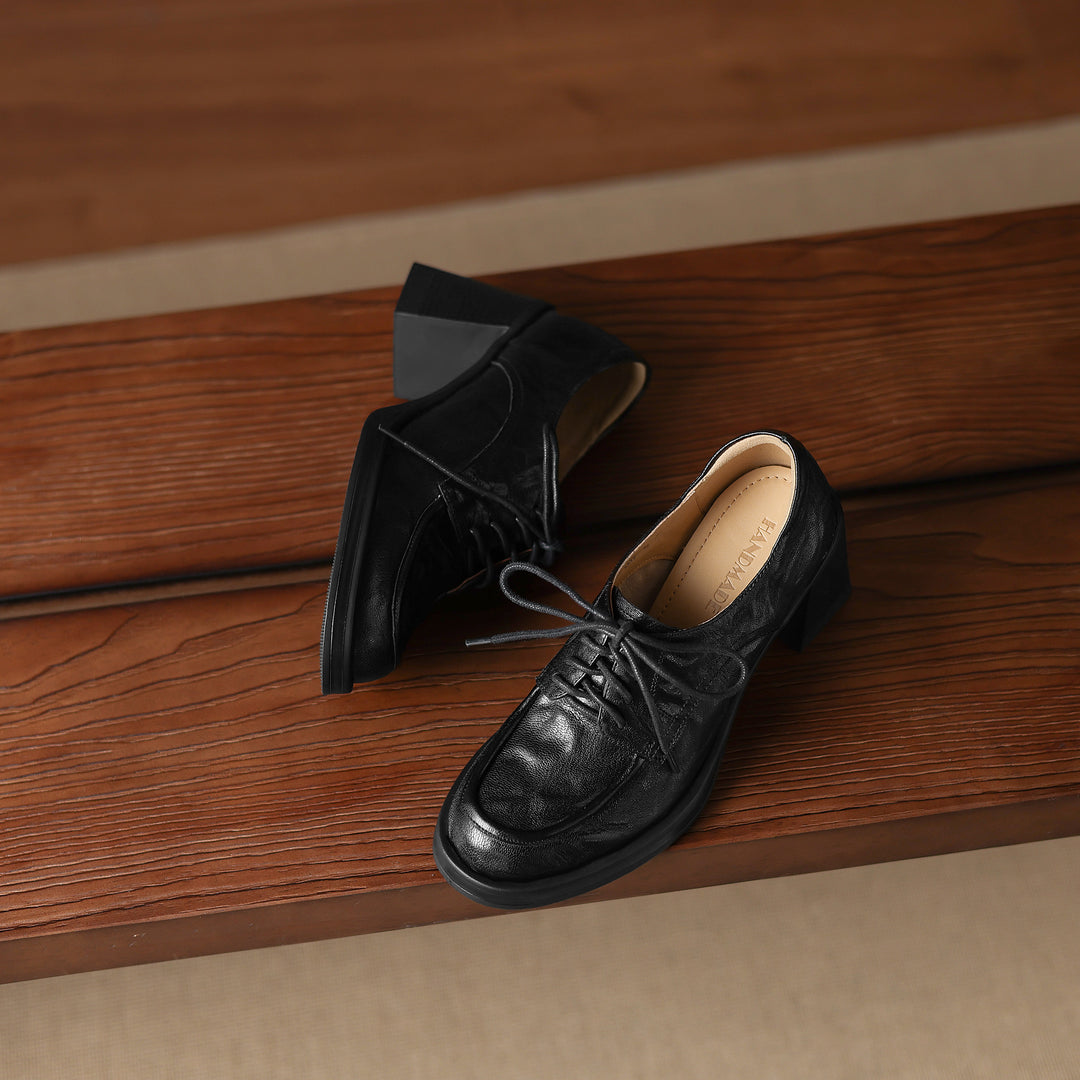 Women's Handmade Sheepskin Oxford Shoes – Business Style Block High Heels