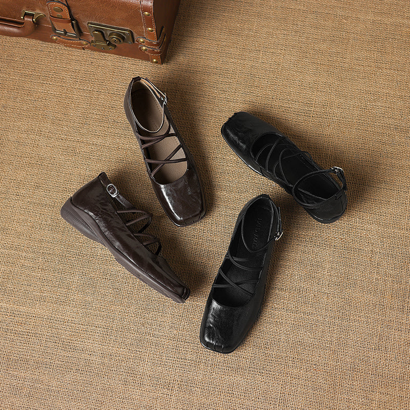 Women's Sheepskin Flats - Block Heel - Square Toe Strappy Mary Janes