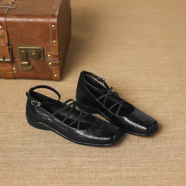 Women's Sheepskin Flats - Block Heel - Square Toe Strappy Mary Janes