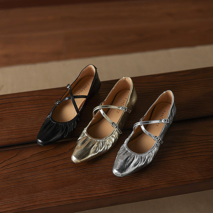 Women's Handmade Soft Lambskin Ballet Flats with Pleated Toe - Elegant Cross-Strap Mary Janes