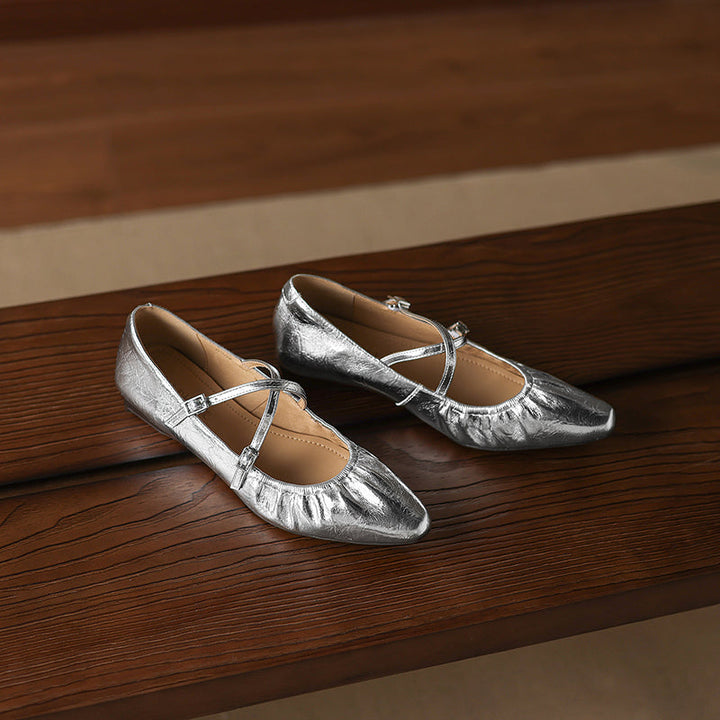 Women's Handmade Soft Lambskin Ballet Flats with Pleated Toe - Elegant Cross-Strap Mary Janes