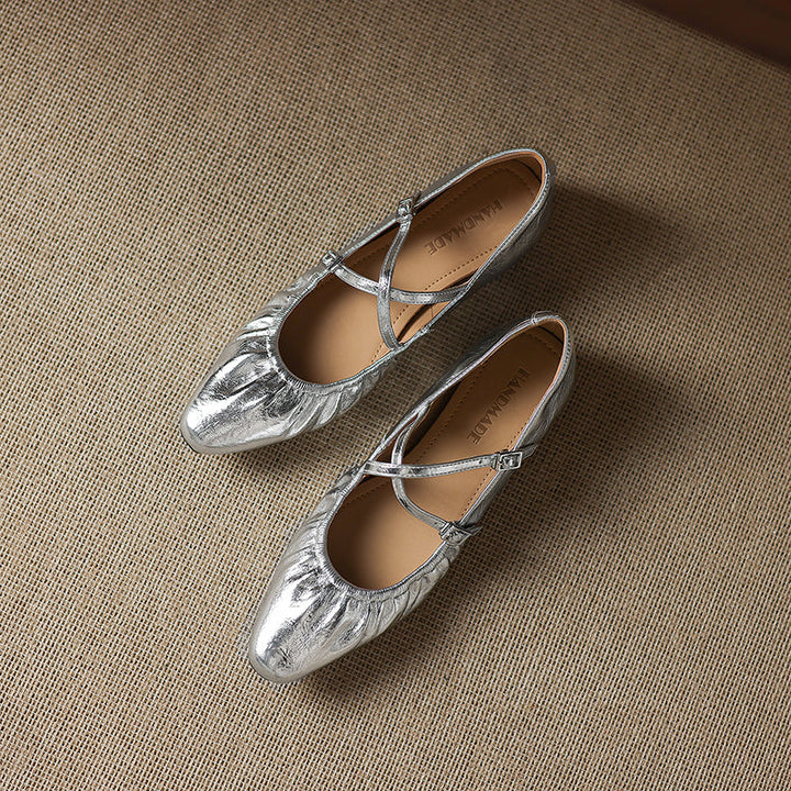 Women's Handmade Soft Lambskin Ballet Flats with Pleated Toe - Elegant Cross-Strap Mary Janes