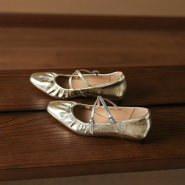 Women's Handmade Soft Lambskin Ballet Flats with Pleated Toe - Elegant Cross-Strap Mary Janes