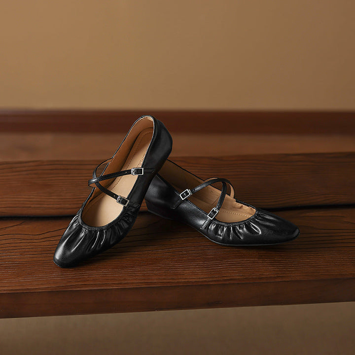 Women's Handmade Soft Lambskin Ballet Flats with Pleated Toe - Elegant Cross-Strap Mary Janes