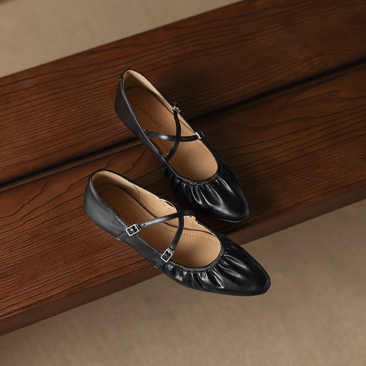 Women's Handmade Soft Lambskin Ballet Flats with Pleated Toe - Elegant Cross-Strap Mary Janes