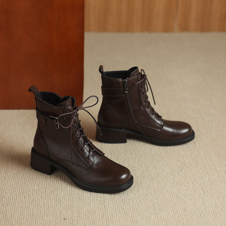 Women's Retro Cowhide Ankle Boots Round Toe Lace-up Buckle Strap Chunky High Heel Combat Booties