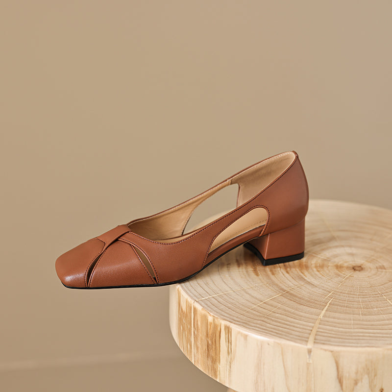 Elegant Women's Leather Cut-Out Mid Heel Summer Pumps