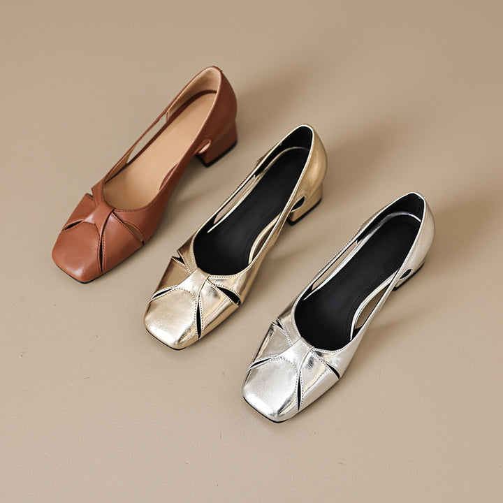 Elegant Women's Leather Cut-Out Mid Heel Summer Pumps