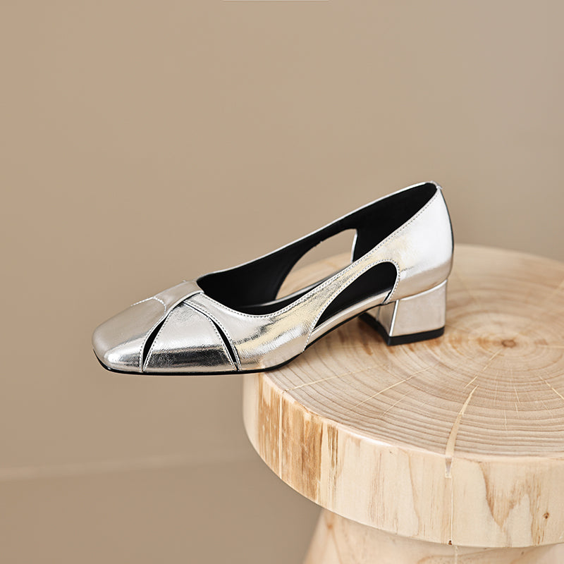 Elegant Women's Leather Cut-Out Mid Heel Summer Pumps