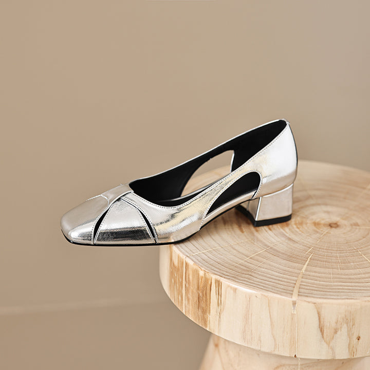 Elegant Women's Leather Cut-Out Mid Heel Summer Pumps