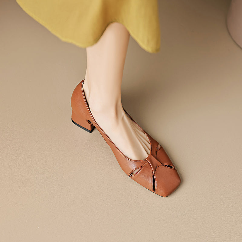 Elegant Women's Leather Cut-Out Mid Heel Summer Pumps