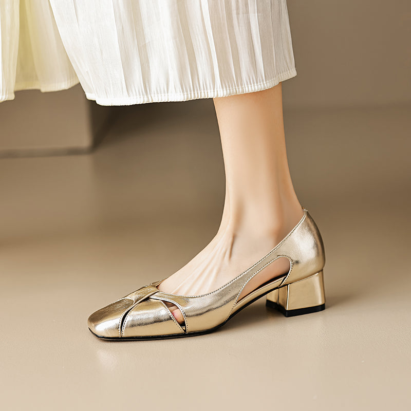 Elegant Women's Leather Cut-Out Mid Heel Summer Pumps