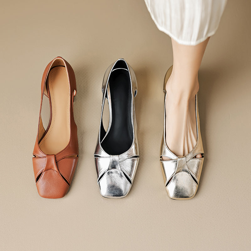 Elegant Women's Leather Cut-Out Mid Heel Summer Pumps