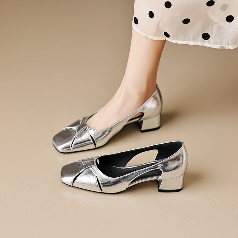 Elegant Women's Leather Cut-Out Mid Heel Summer Pumps