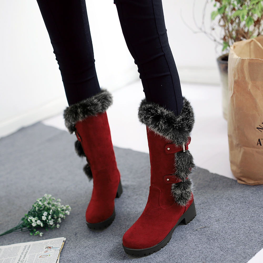 Women Winter Snow Boots Real Fur Rabbit Buckle Comfy Warm Mid-Calf High Boots