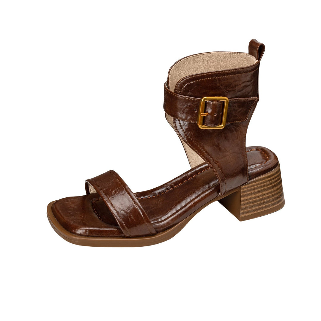 Women's Handmade Leather Block Heel Open Toe High Top Sandals