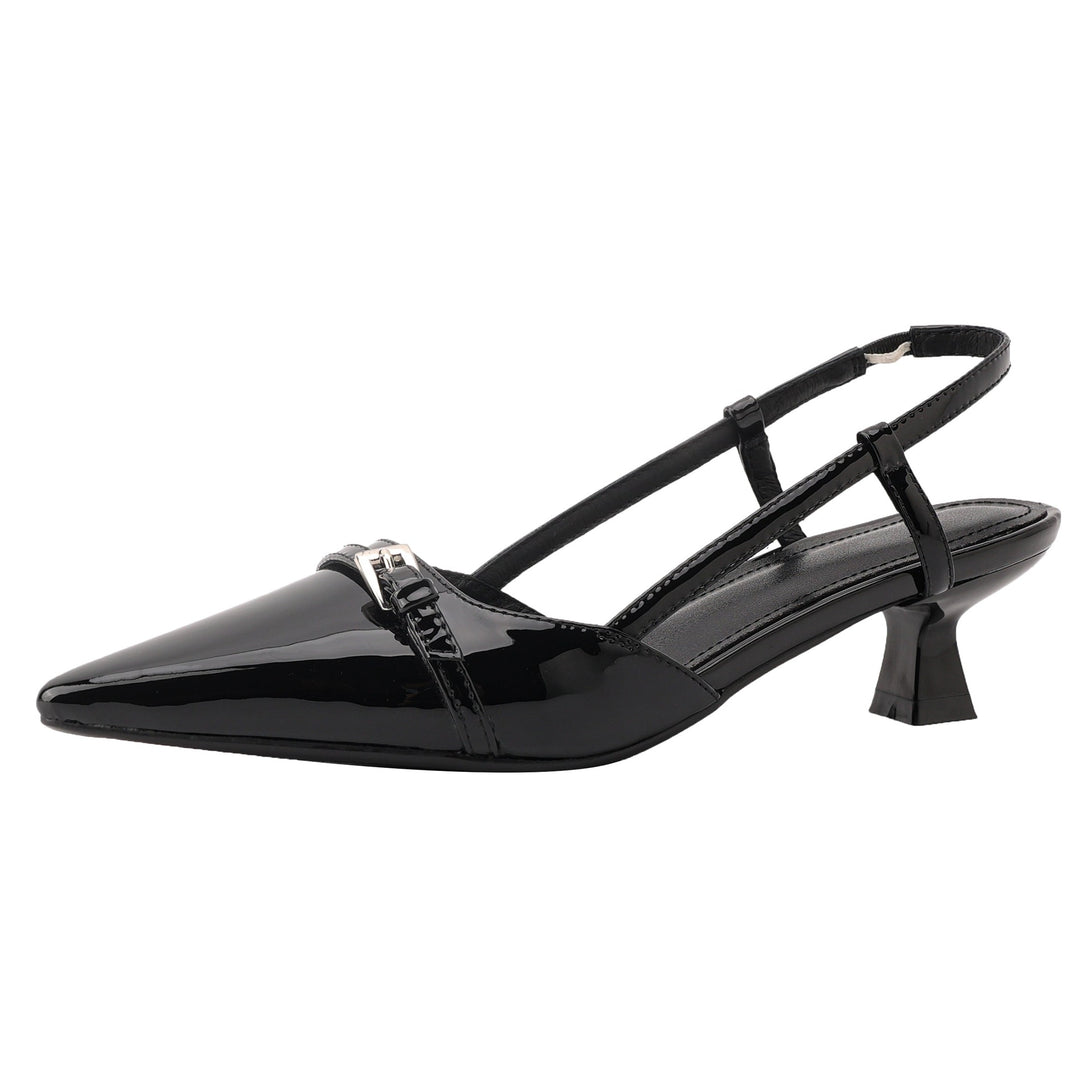 Leather Pointed Toe Kitten Heel Slingback Pumps with Buckled Straps