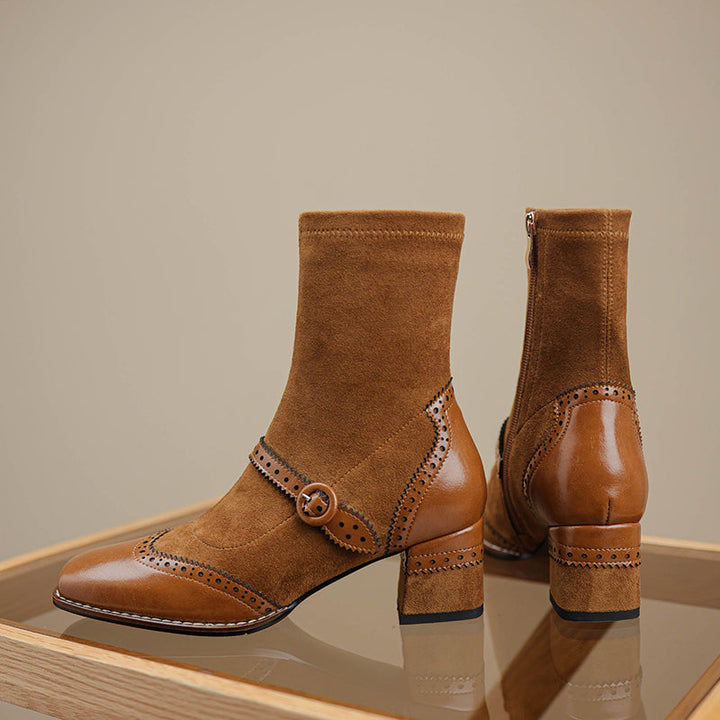 Women's Retro Horsehide Ankle Boots Vintage Square Toe Brogue Buckle Zipper Sock Booties