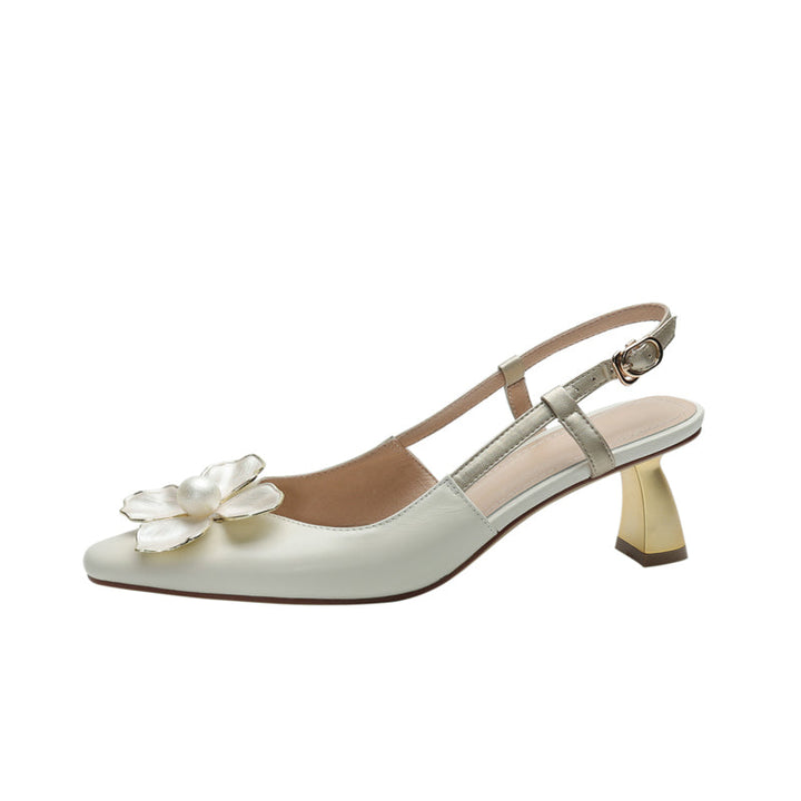 Women's Elegant Leather Flower Decoration Slim Heel Slingback Sandals