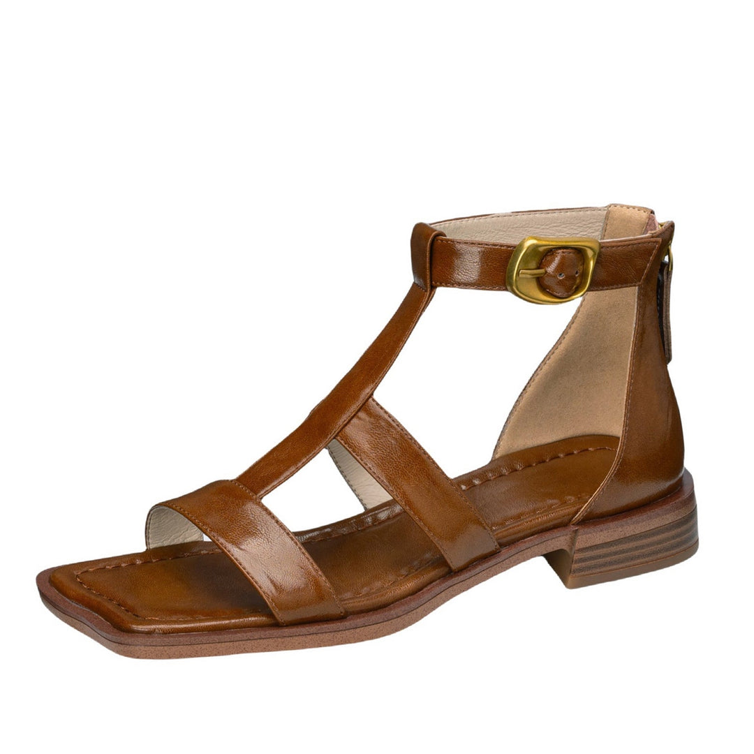 Women's Leather Summer Open Toe Wide Strap Back Zipper Ankle Buckle Sandals