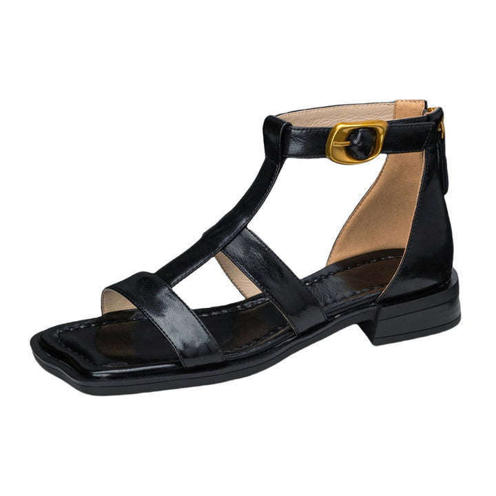 Women's Leather Summer Open Toe Wide Strap Back Zipper Ankle Buckle Sandals