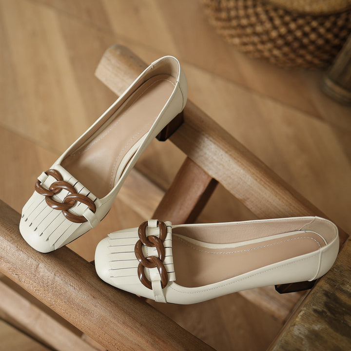 Elegant Women's Leather Pumps – Mid Block Heel with Tassel Chain Detail