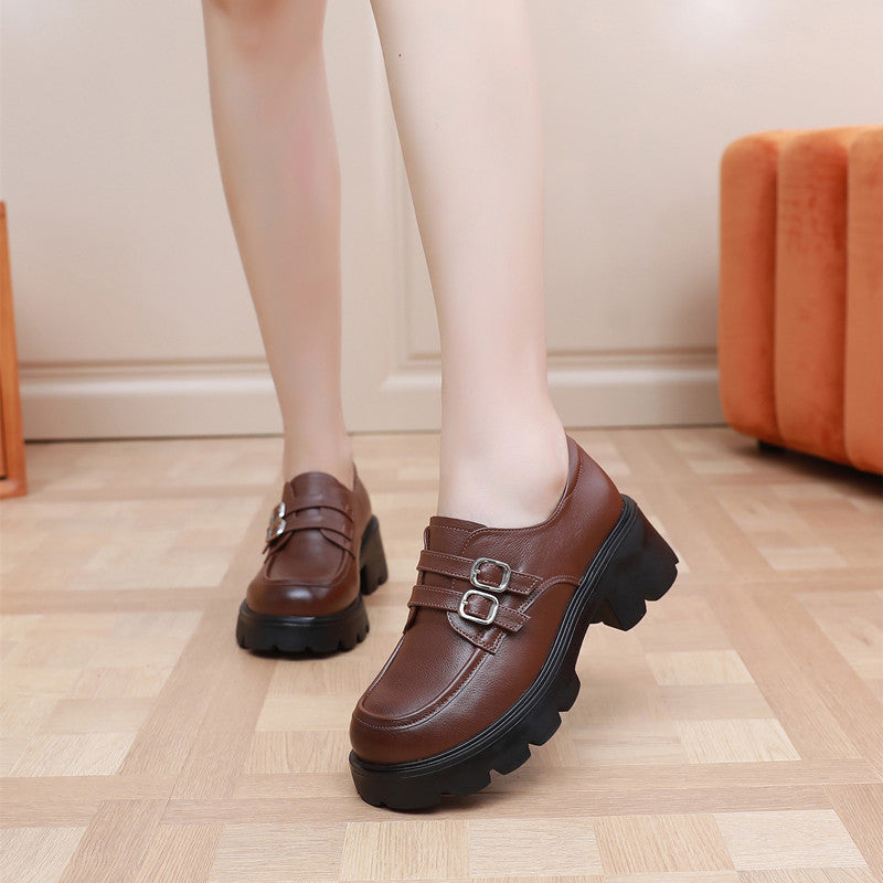 Women's Chunky Platform Loafers - Leather Shoes with EVA Outsole - Double Buckle Detail