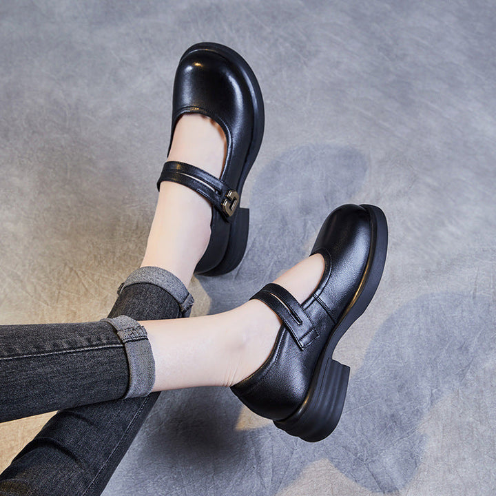 Women's Soft Leather Mary Janes – Round Toe Low Heel with Adjustable Velcro