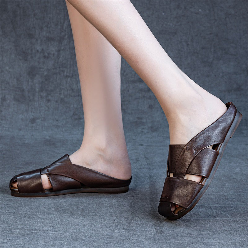 Women's Soft Leather Mules - Closed Peep Toe Crisscross Strap Flat Sandals Casual Slip-On Slides